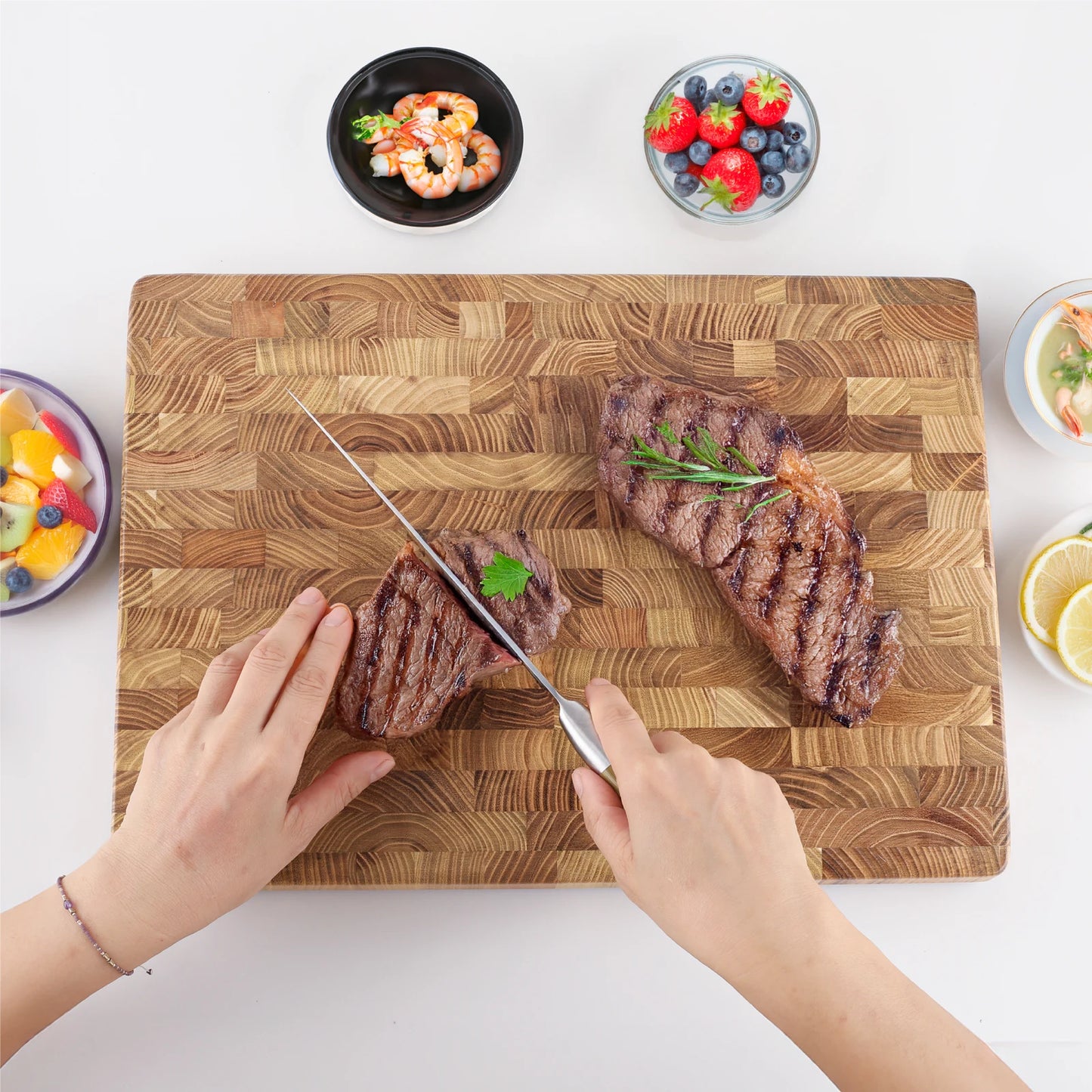 Teak Wood End Grain Cutting Boards for Kitchen, Large Wood Chopping Board with Hidden Handles, Wooden Charcuterie Board for Meat
