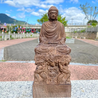 Hand-Carved Agarwood Shakyamuni Buddha Statue - 7.9/11.8" Dragon Throne Buddha Sculpture for Home Living Room Entrance