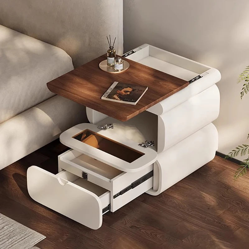 Rustic Nordic Bedside Table With Secret Compartment Safe Curved Cream Nightstand Unique Chic Mesitas De Noche Furniture For Home