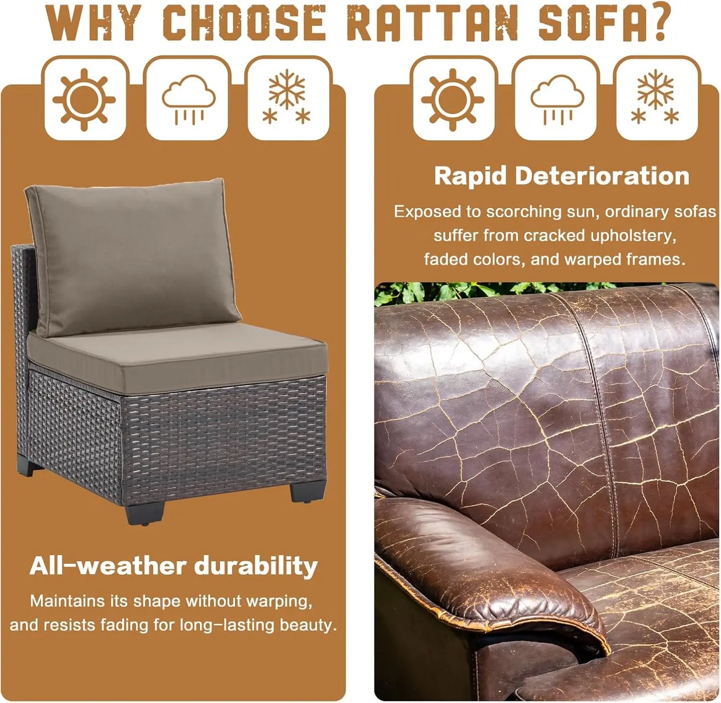 7 Pieces Outdoor Patio Furniture Sets, All-Weather Sectional Sofa Dark Brown PE Rattan Wicker Conversation, Customized