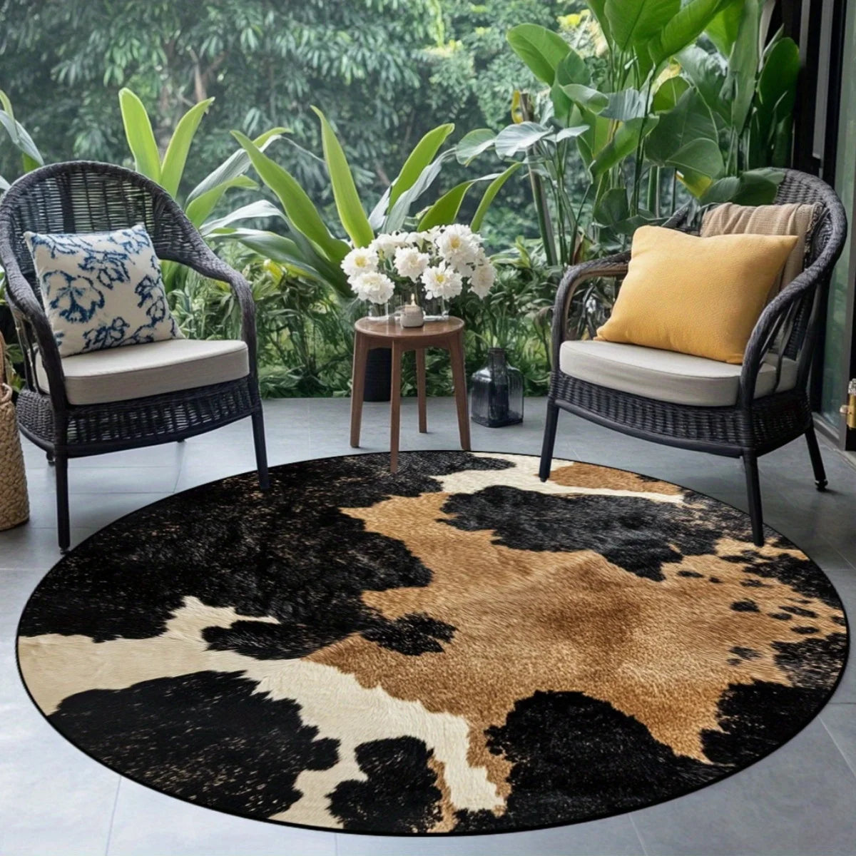 1PC Cow Print Round Rug, Soft Polyester, Black & White Design, Lightweight & Washable, for Living Room/Bedroom