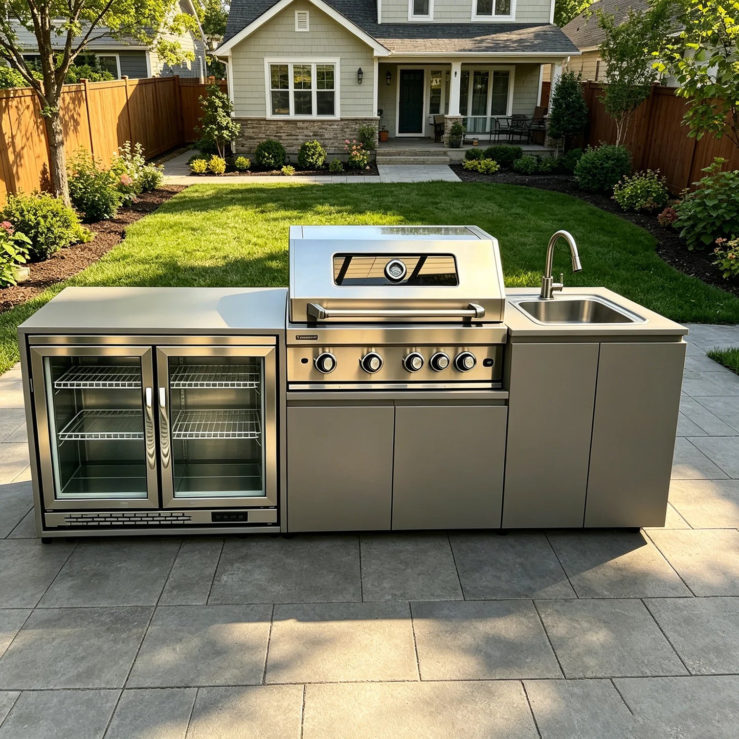 Modern Modular Practical 304 Stainless Steel Outdoor Kitchen Sets With Grill Cooktop Sink Fridge LED For Backyard Patio Garden