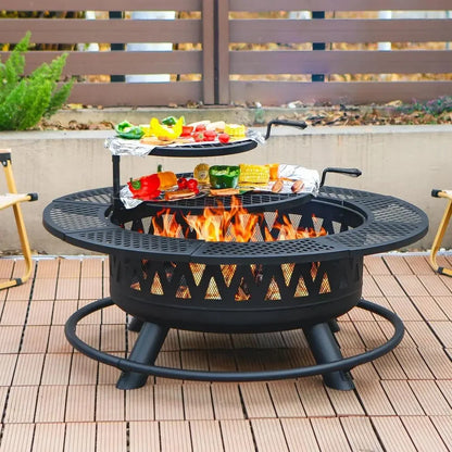 42 Inch Round Outdoor Fire Pit with Dual Grills, Wood-Burning, Ideal for Backyard Parties and Picnics