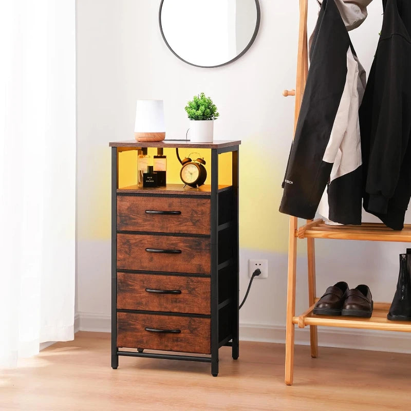 LED Rustic Nightstand with Charging Station 4 Storage Drawers and Storage Shelf End Table with USB Ports and Outlets Furniture