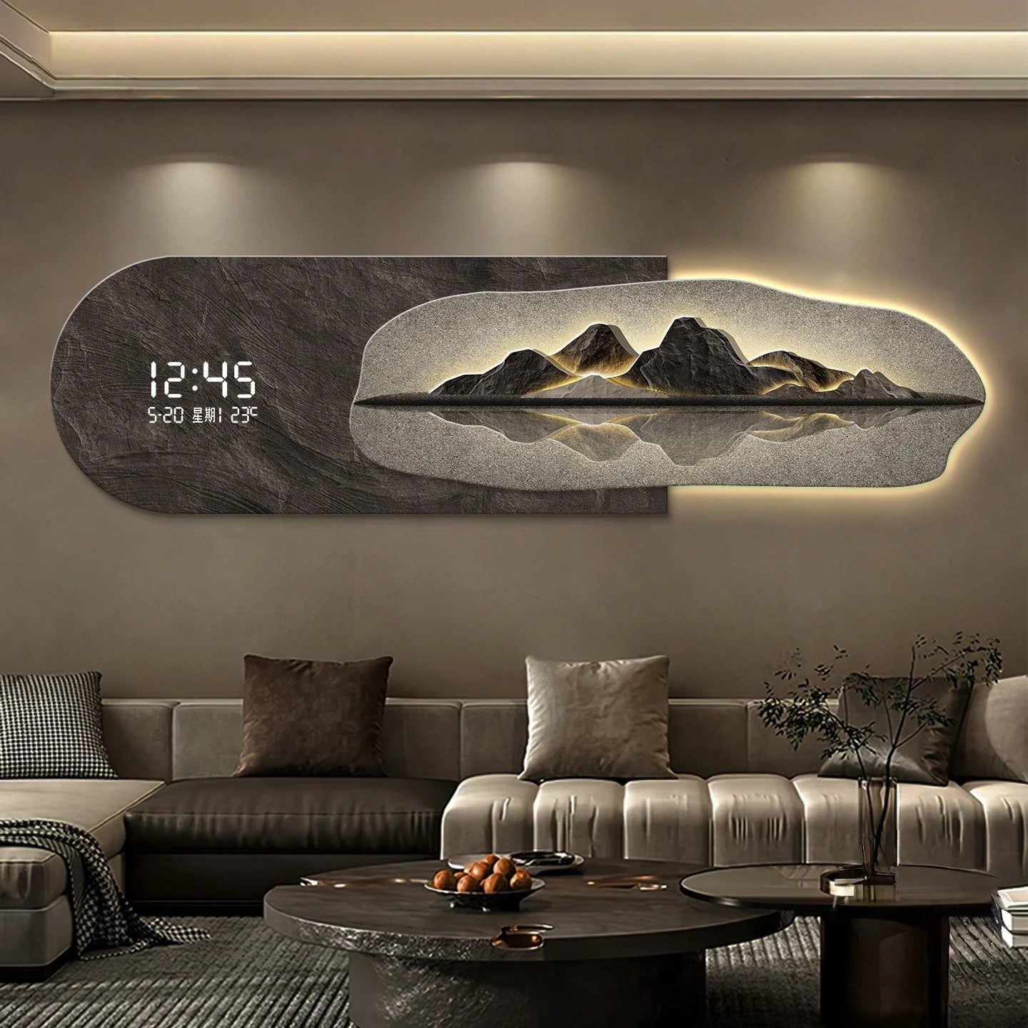 2026 High End Living Room Decoration Painting LED Digital Electronic Clock Mountain Back Atmosphere Light Hanging Painting
