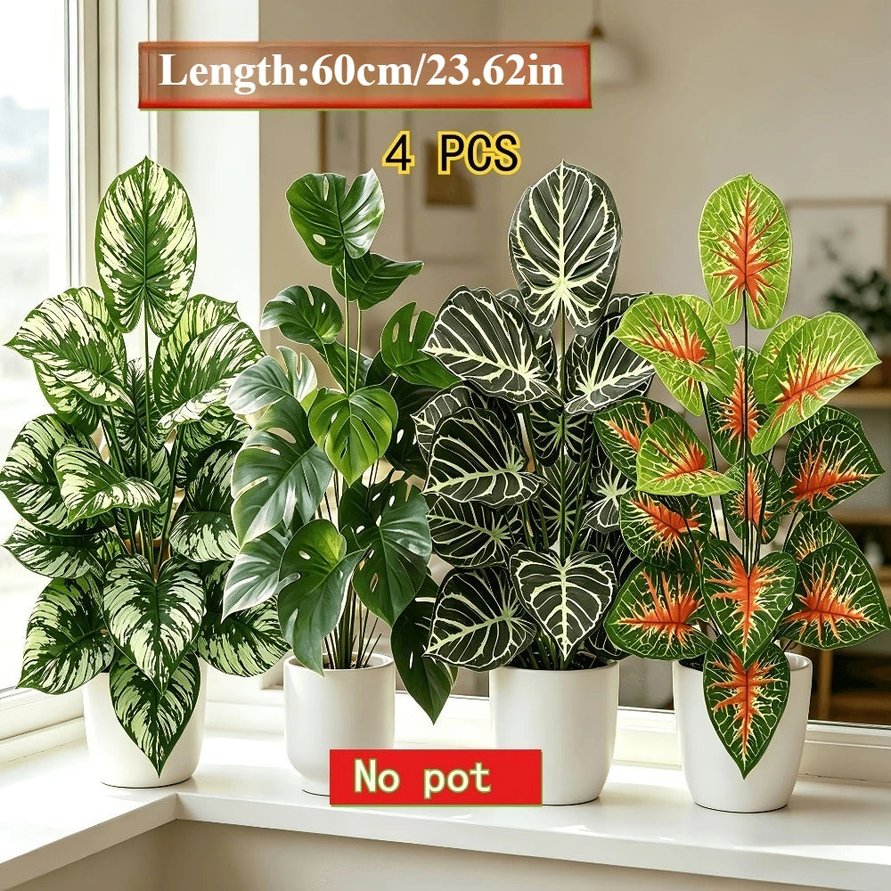 4pcs Artificial Plant Set Broadleaf Tropical Rainforest Palm Tree Indoor Outdoor Potted Plants for Wedding Office Hotel Garden