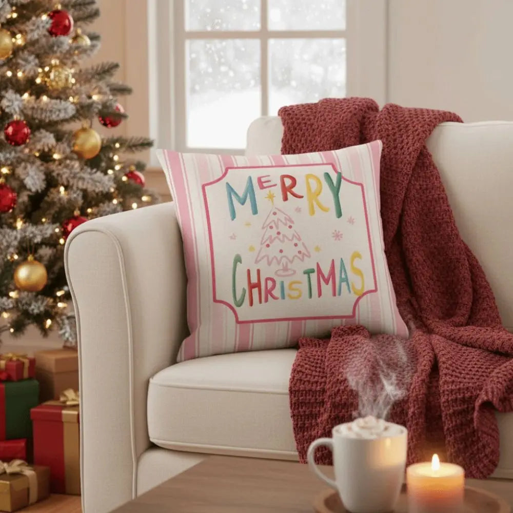 New 45×45cm Christmas Throw Pillow Cover Pink Christmas Tree Removable Pillowcase Linen Soft Sofa Cushion Cover Home Decoration