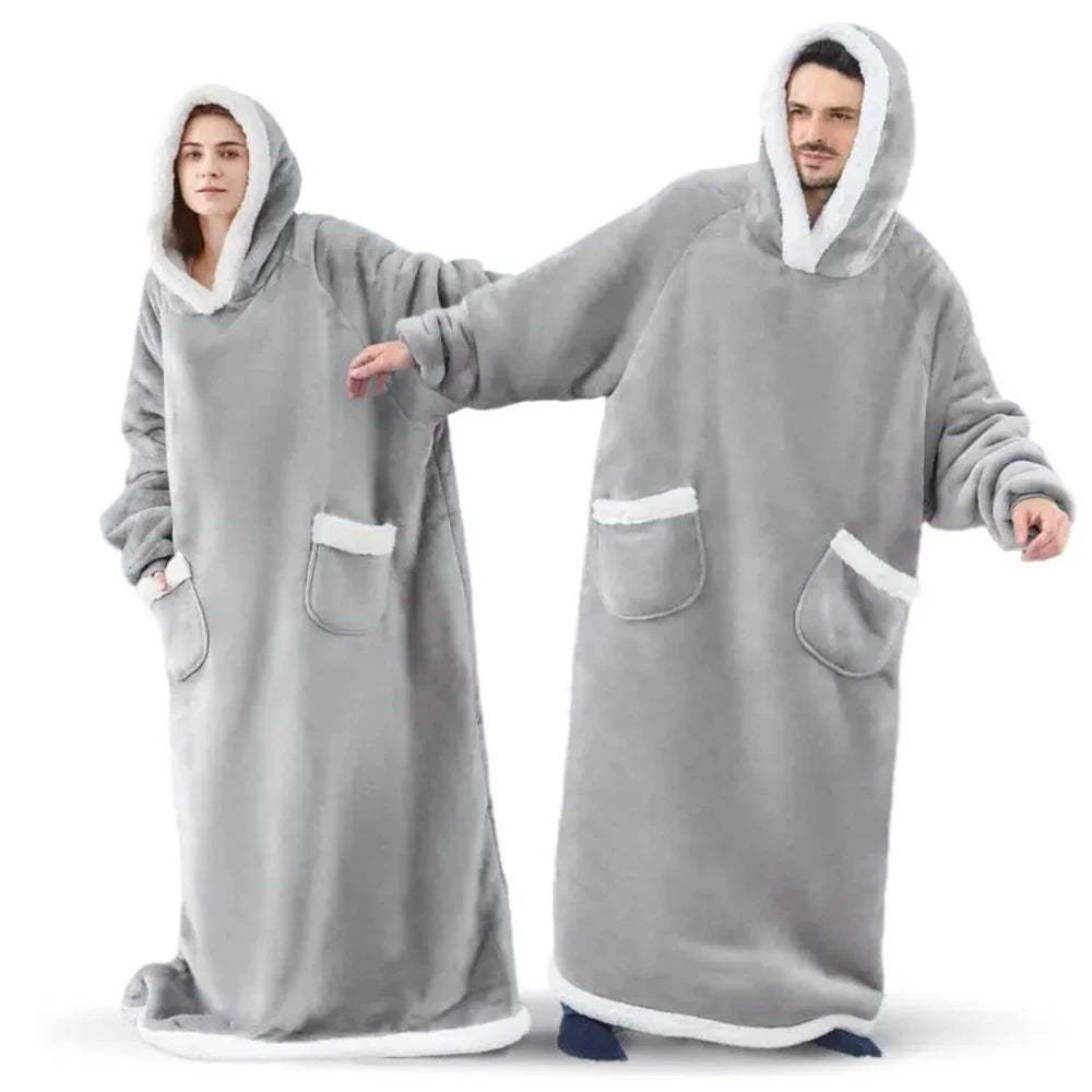 Extra Long Wearable Blankets Winter Flannel Hooded Blanket with Full Sleeves Men Women Cozy Soft Throw Adult TV Blanket