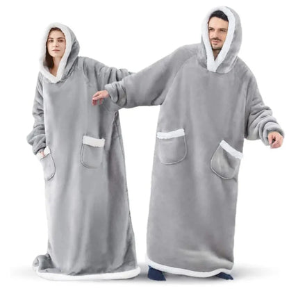 Extra Long Wearable Blankets Winter Flannel Hooded Blanket with Full Sleeves Men Women Cozy Soft Throw Adult TV Blanket