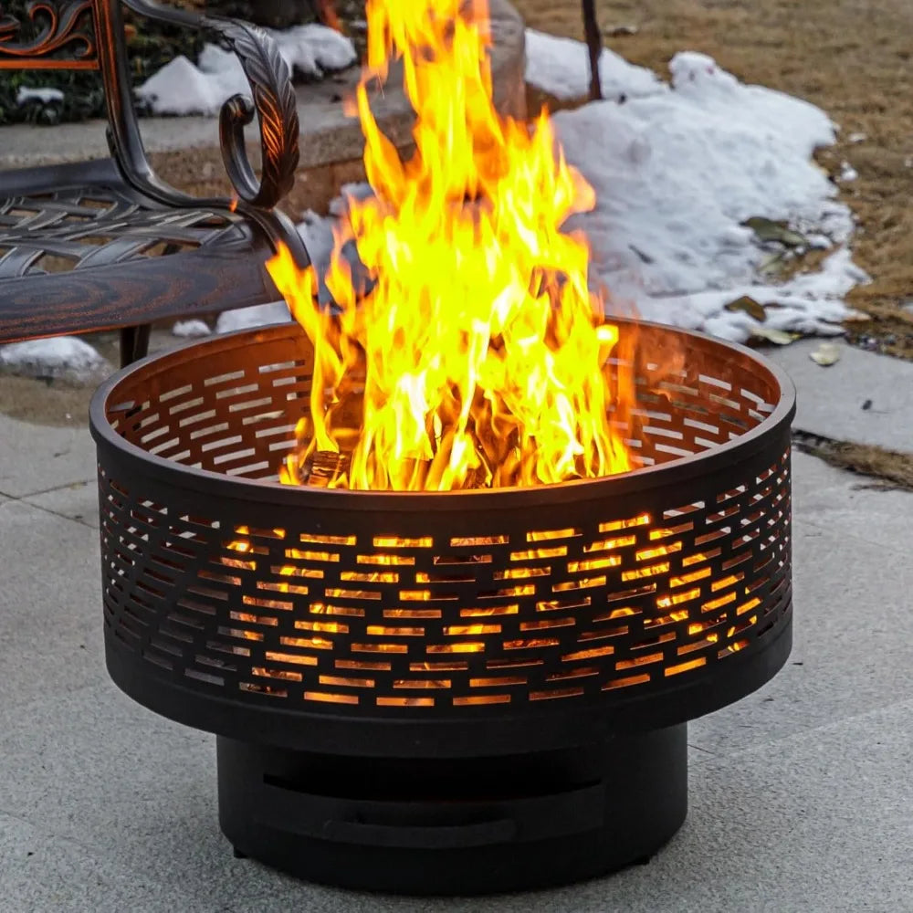 26 Inch Wood Burning Fire Pit Table with Grill Lid Cover Fire Poker for Outdoor BBQ Bonfire-NEW