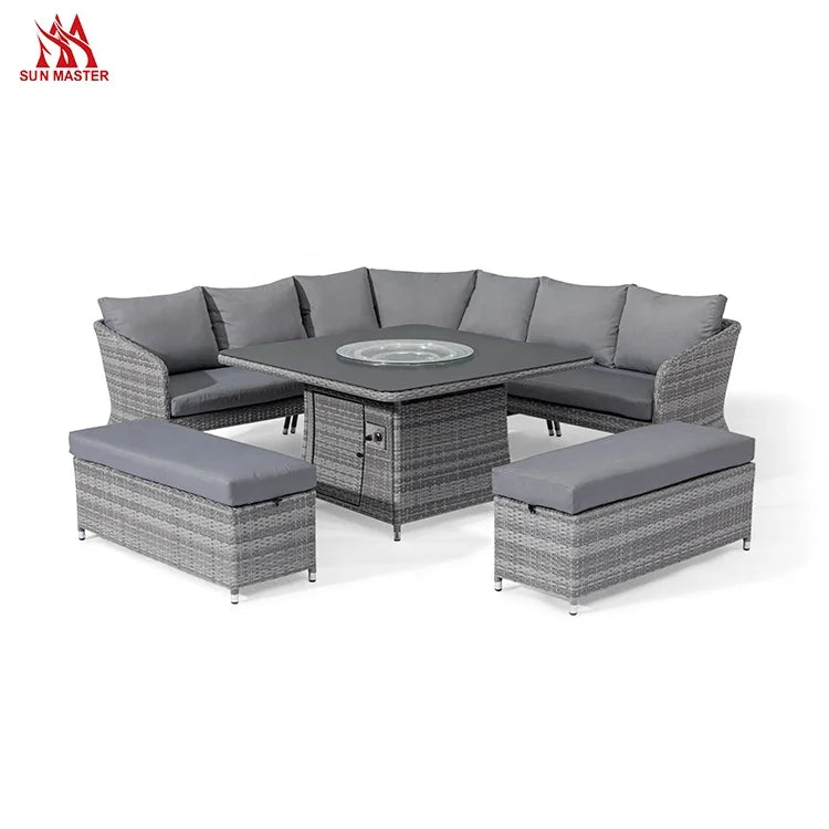 Modern Patio Furniture Outdoor Garden Sofa with Firepit Table Courtyard Hotel Corner Rattan Wicker Terrace Sofas