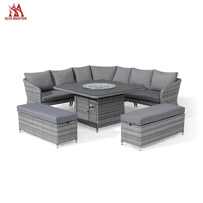 Modern Patio Furniture Outdoor Garden Sofa with Firepit Table Courtyard Hotel Corner Rattan Wicker Terrace Sofas