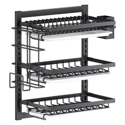 Wall Mounted Kitchen Organizer Rack - No-Drill Storage Shelf for Bowls, Plates, Spices with Dish Drying Function