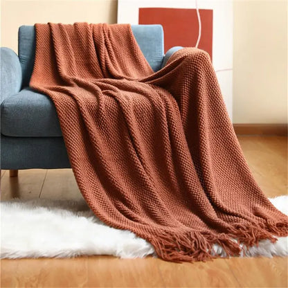 Nordic Knitted Blanket on the Bed Sofa Plaid Travel Nap Blankets Solid Color Soft Winter Air Conditioning Blanket with Tassels