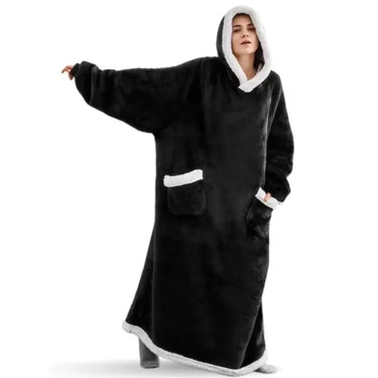 Extra Long Wearable Blankets Winter Flannel Hooded Blanket with Full Sleeves Men Women Cozy Soft Throw Adult TV Blanket
