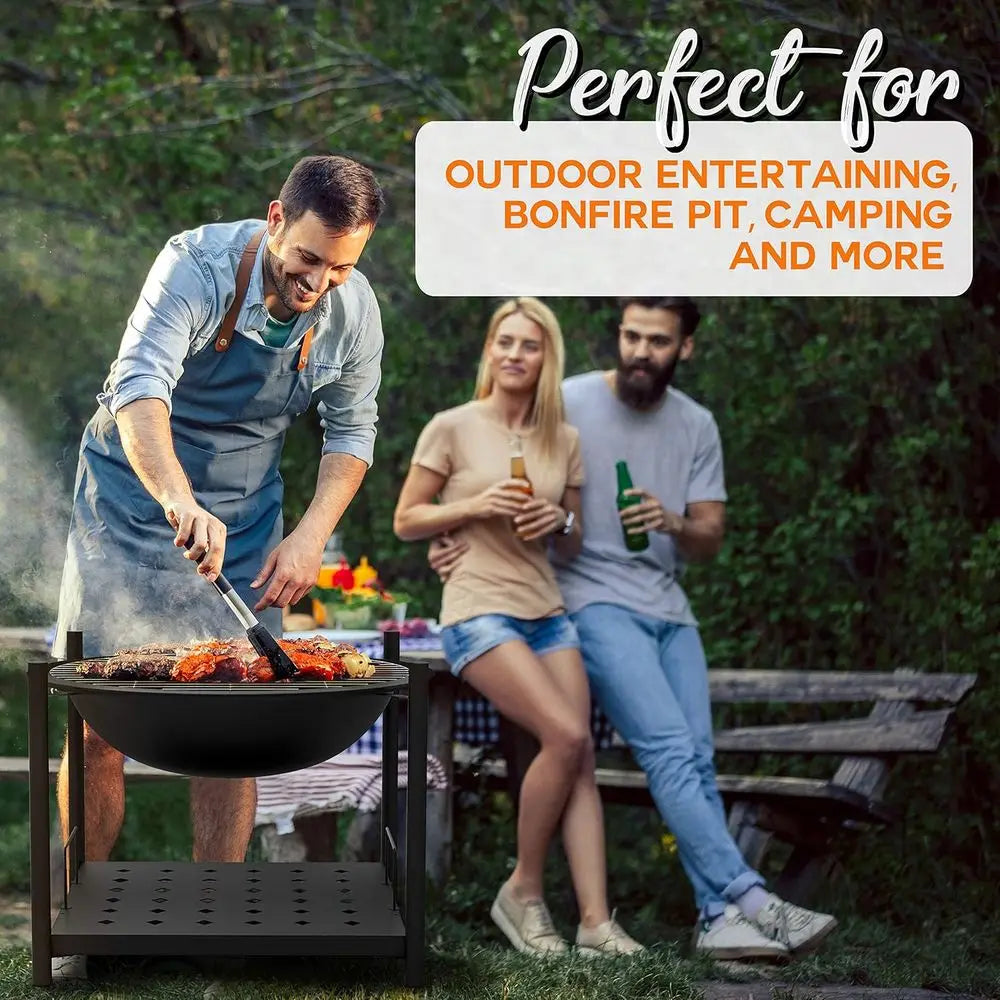Outdoor Wood Fire Pit - 26" Steel BBQ Grill with Mesh Spark Screen, Log Grate, Fire Poker & Cover for Camping, Picnic, Bonfire -