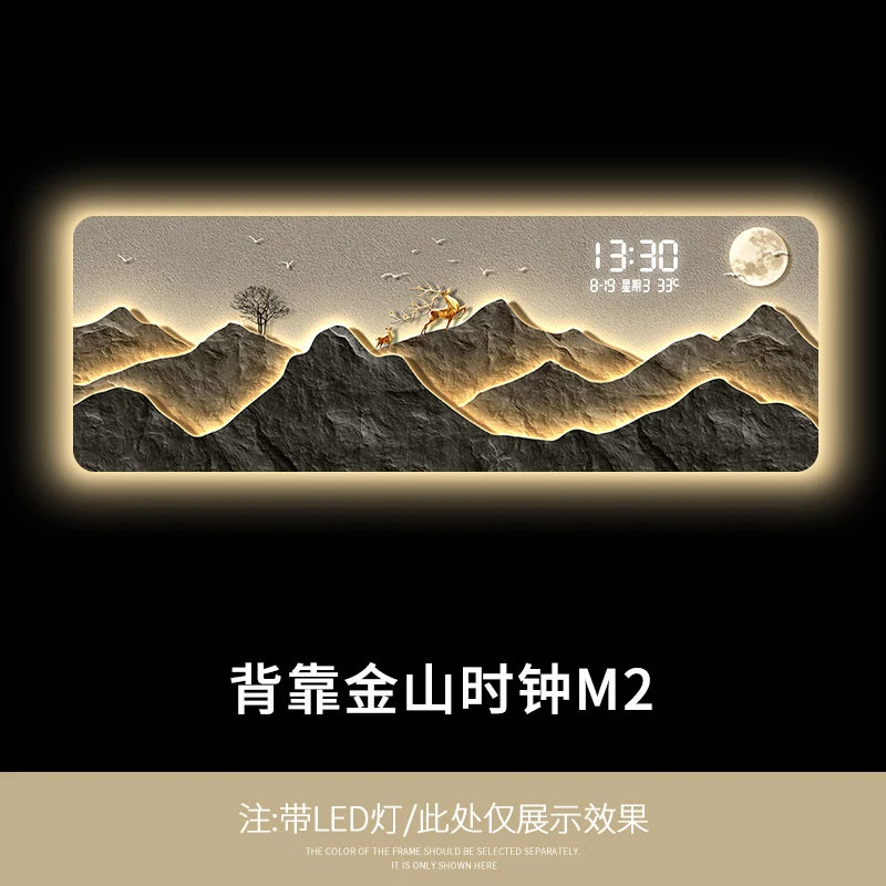 High end living room decoration painting, LED digital electronic clock, mountain back atmosphere light hanging painting