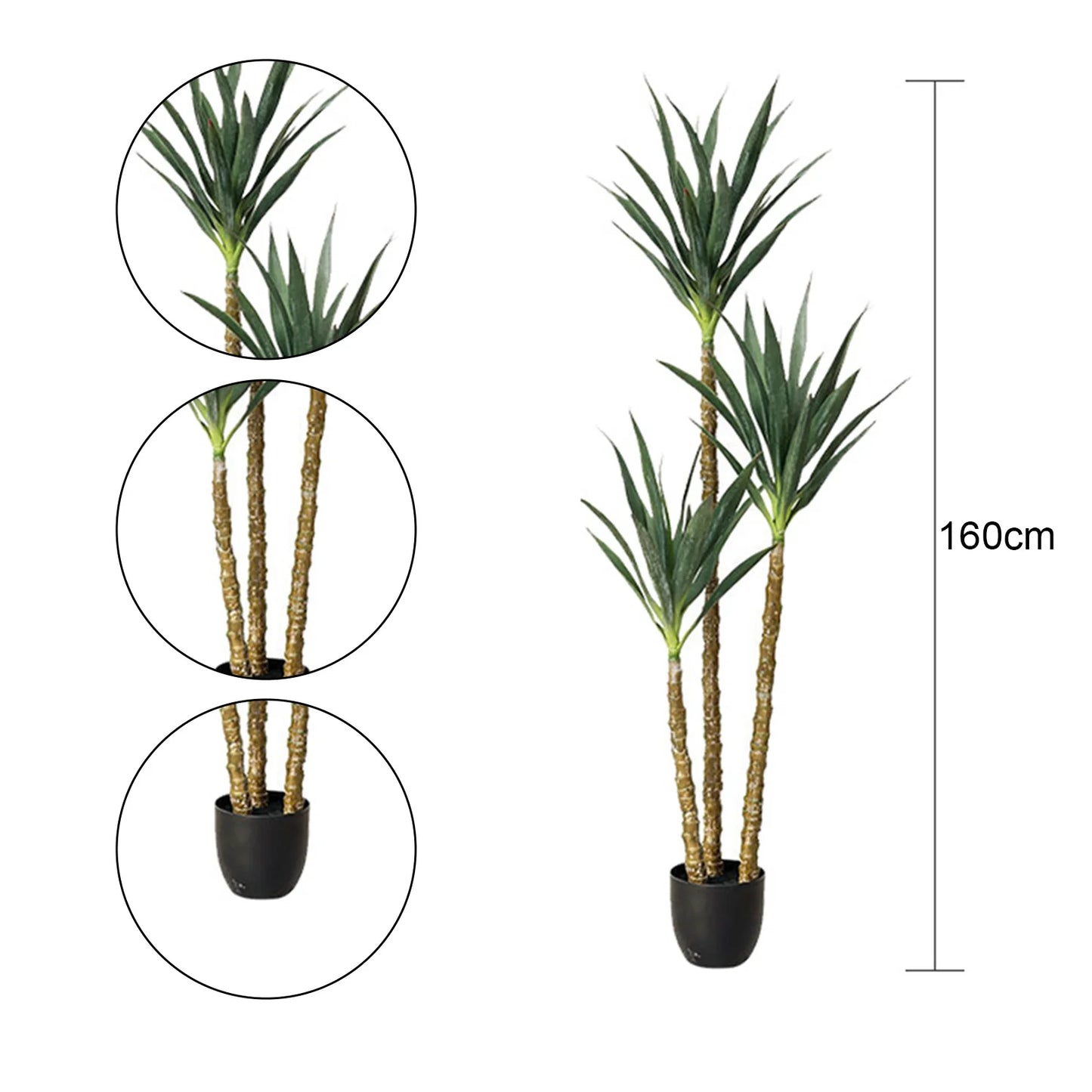 160 cm (63 inches) artificial agave plant with 3 stems for living room, office, balcony, artificial plant in pot with lifelike leaves and bark, indoors and outdoors, indoor plant decoration
