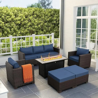 6-Piece Outdoor Patio Furniture Set with 45 Propane Fire Pit, Navy Blue Wicker Sofa, Non-Slip Cushions, Waterproof Covers