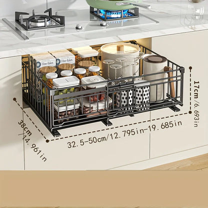 Telescopic Kitchen Organizer - Adjustable Pull-Out Shelf, Space-Saving Cabinet Storage System with Sturdy Metal Construction