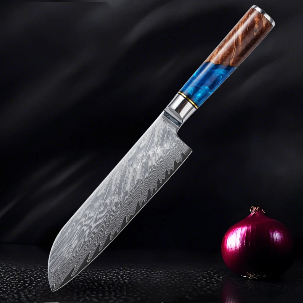 Damascus Steel High Carbon 67 Layer VG10 Chef's Knife Blue Resin Wood Handle Kitchen Chef's Knife Three-Piece Set