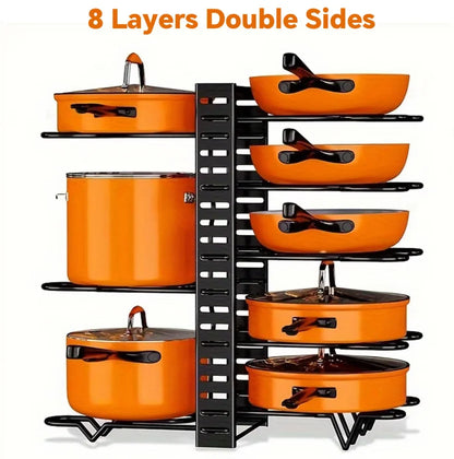 HTMCK Space-Saving 8-Tier Pot Rack Organizer - Durable Metal Holder for Pans, Pots, and Lids to Keep Your Kitchen Neat and Tidy