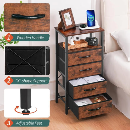 LED Rustic Nightstand with Charging Station 4 Storage Drawers and Storage Shelf End Table with USB Ports and Outlets Furniture