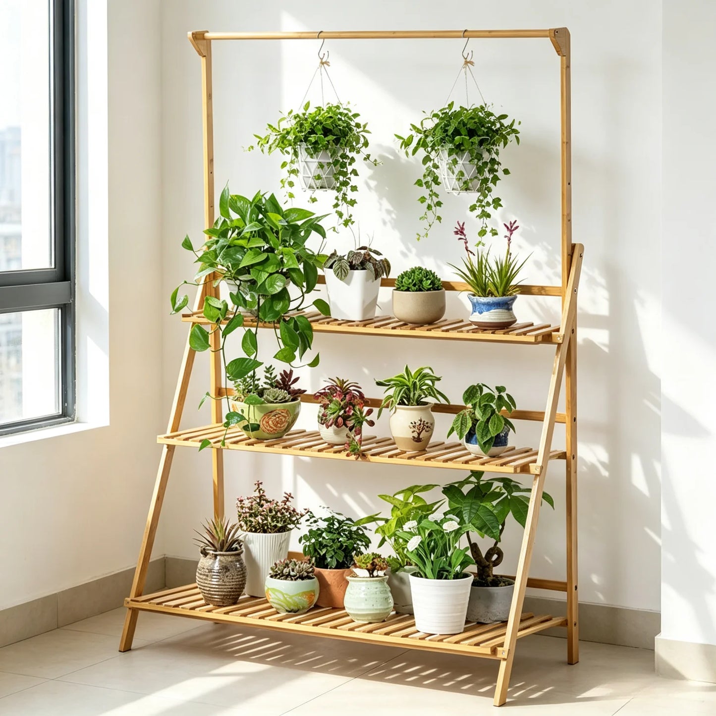 70/100cm Bamboo Plant Stand Folding 3 Tier Flower Pot Display Shelf Indoor Outdoor Ladder Garden Rack for Patio Balcony Living Room