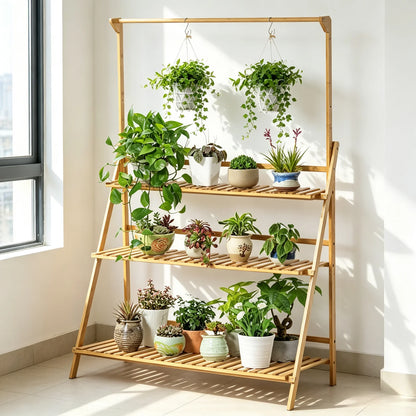 70/100cm Bamboo Plant Stand Folding 3 Tier Flower Pot Display Shelf Indoor Outdoor Ladder Garden Rack for Patio Balcony Living Room