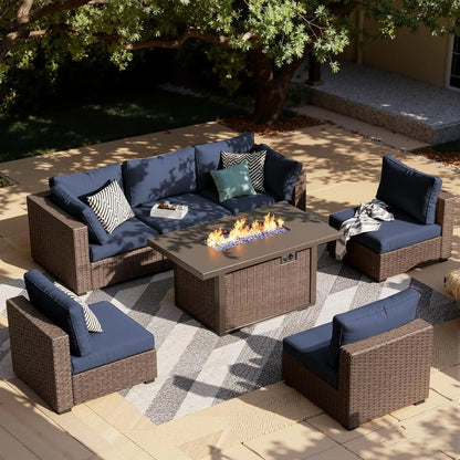 7-Pieces Patio Furniture Sets Outdoor Sectional Sofa with 44'' Propane Rattan Wicker Firepit Table, Patio Sectional, Customized