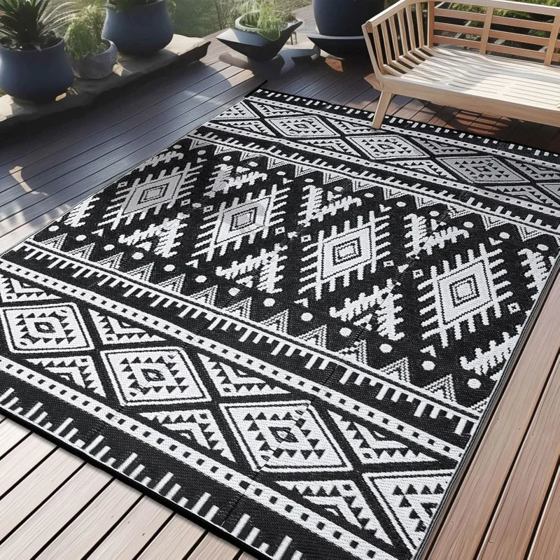 VIKAMA Bohemian Geometric Outdoor Rug Non-Slip Wear-Resistant Balcony Terrace Mat Camping Picnic RV Carpet Home Decoration