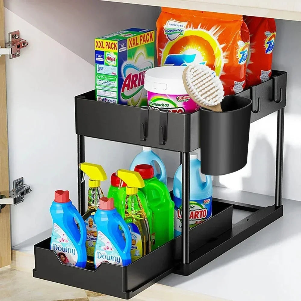 Kitchen Bathroom Under Sink Organizer 2-Tier Sliding Storage Basket Multipurpose Shelf with Hanging Cup and Hook Accessories