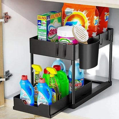 Kitchen Bathroom Under Sink Organizer 2-Tier Sliding Storage Basket Multipurpose Shelf with Hanging Cup and Hook Accessories