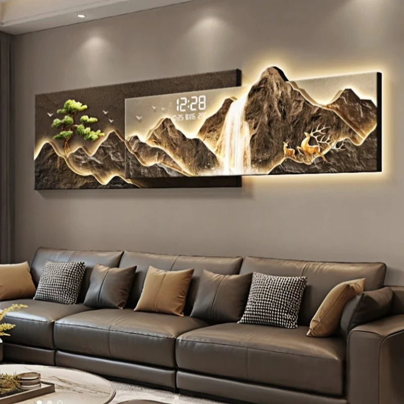 Living Room Decoration Lights Painting Light Luxury Sofa Background Wall Clock Lights Painting High-end Clock Hanging Painting