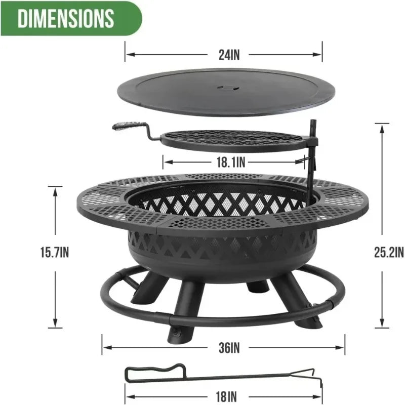 36 Inch Wood Burning Fire Pit with Grill: Outdoor Fire Pits with Lid & Fire Poker, 3 in 1 Round Metal Firepit Table with