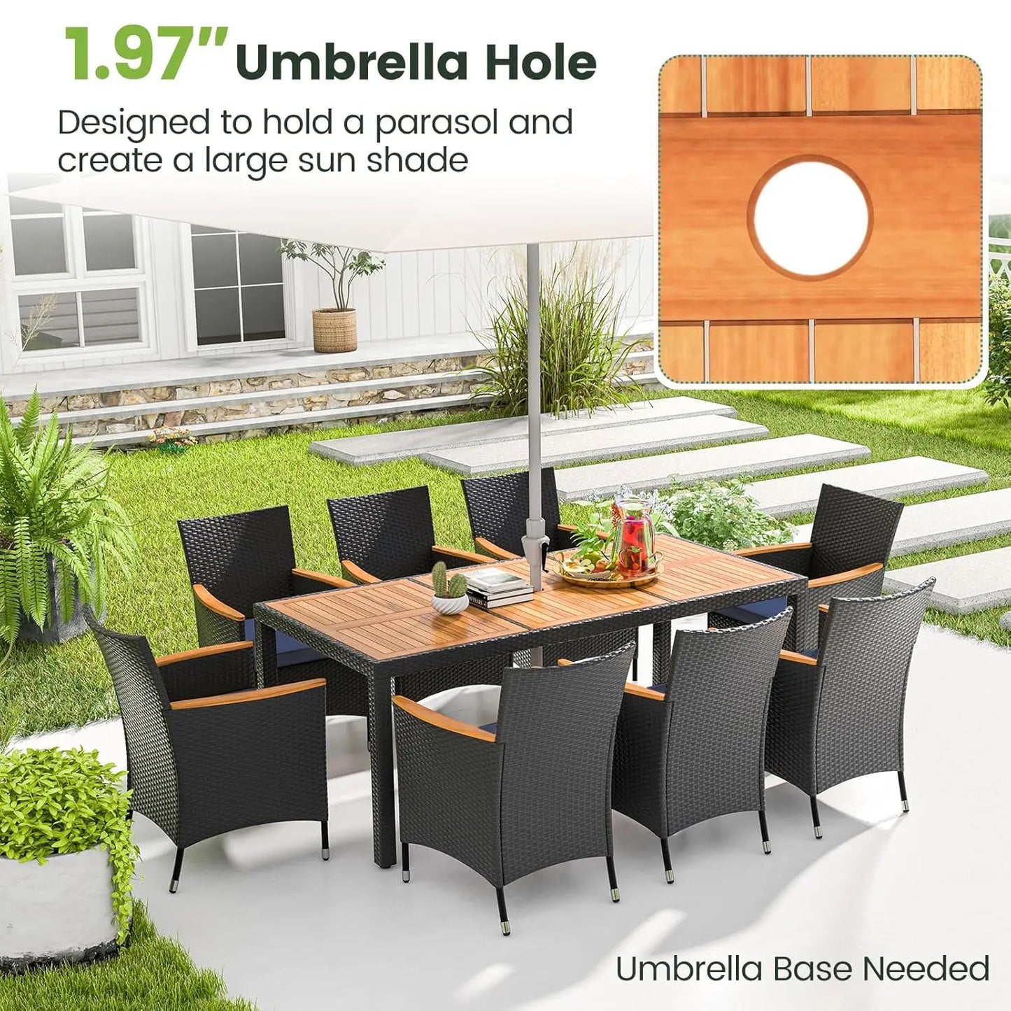 9pc Patio Dining Set Rattan Table & Chairs w/ Umbrella Hole Acacia Wood Top Backyard Balcony Poolside Navy, Custom