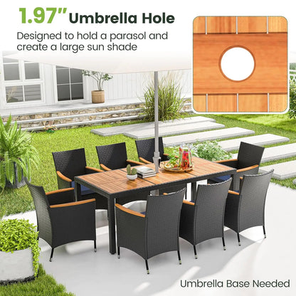 9pc Patio Dining Set Rattan Table & Chairs w/ Umbrella Hole Acacia Wood Top Backyard Balcony Poolside Navy, Custom