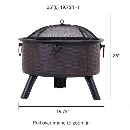 Round Deep Wood-Burning Fire Pit with Spark Screen Cover and Poker