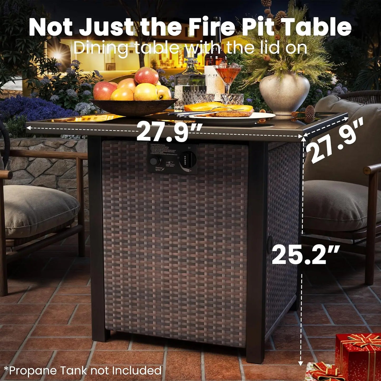 27" Square Rattan Propane Fire Pit Table with Glass Wind Guard Tempered Lid 50000 BTU CSA for Patio Deck Garden Customized