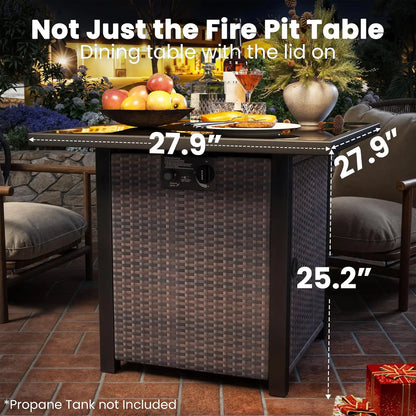 27" Square Rattan Propane Fire Pit Table with Glass Wind Guard Tempered Lid 50000 BTU CSA for Patio Deck Garden Customized