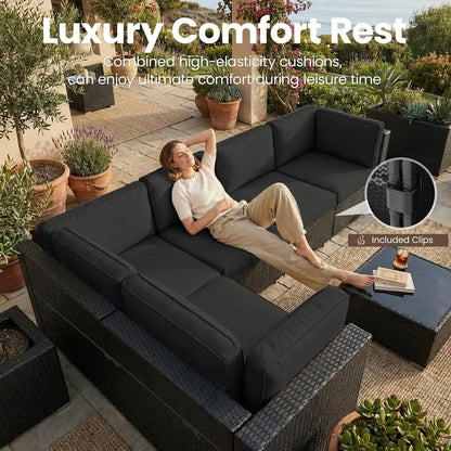 8 Pieces Patio Furniture Set with 44" Propane Gas Fire Pit Table, Outdoor Sectional Wicker Conversation Sofa Sets with Coffee Ta