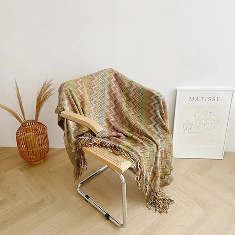 Bohemian Throw Blanket Geometric Knitted Blanket for Bed Plaid Living Room Boho Home Decor Travel Thread Blanket With Tassel INS