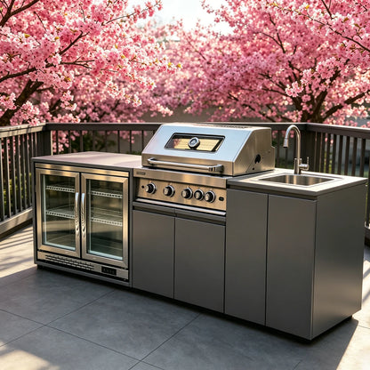 Sturdy 304 Stainless Steel Outdoor Kitchen Cabinet With Grill Cooktop Sink Fridge Rolling Movable On Wheels For Backyard Patio G