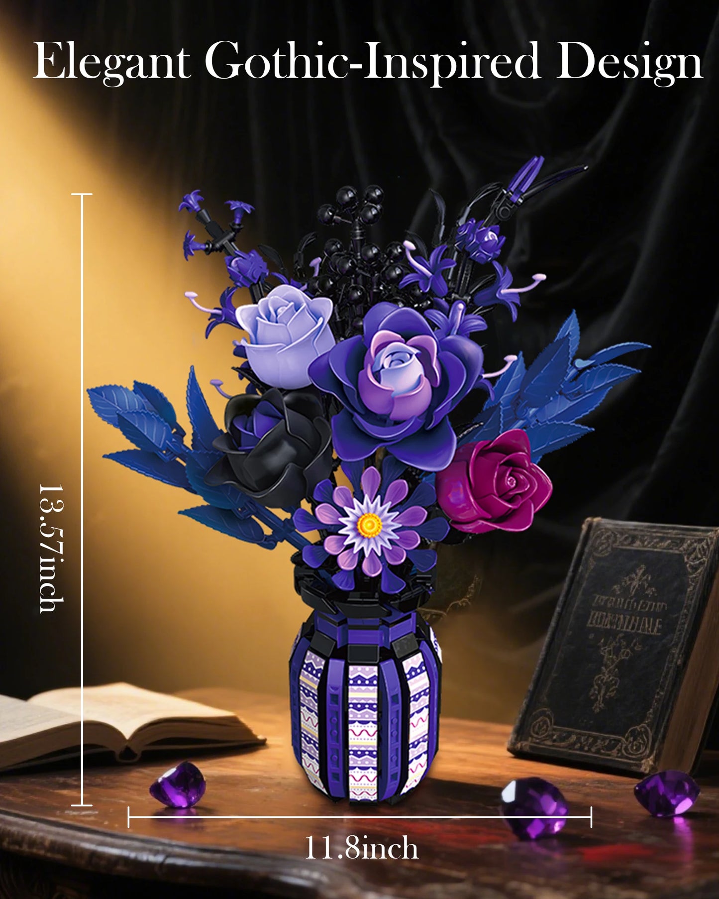 1218PCS Dark Romance Flower Building Blocks Gothic Bouquet With Vase Model Educational DIY Toy Desktop Decoration Gift For Adult
