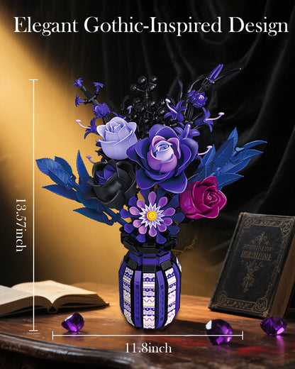 1218PCS Dark Romance Flower Building Blocks Gothic Bouquet With Vase Model Educational DIY Toy Desktop Decoration Gift For Adult