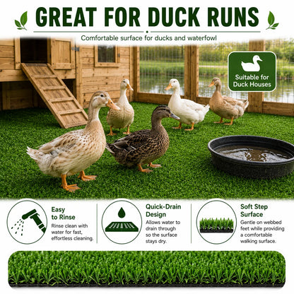 6FT x 30FT Artificial Grass Turf Roll, 0.4in Poultry Coop Flooring Mat for Chickens & Ducks, Quick Drain Synthetic Grass Rug with Black Backing, Easy to Clean Outdoor Farm Run Ground Cover with Stakes