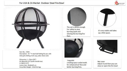Black Folding 360° Fire Pit, Portable Collapsible Fire Bowl for Outdoor Camping, Patio, Backyard, Bonfire, Heating & BBQ
