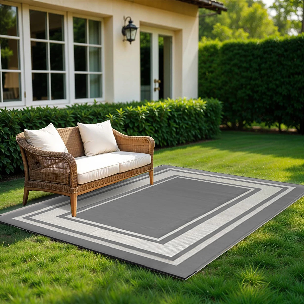 RURALITY Outdoor Rug  Waterproof for Patio Clearance Large Plastic Straw Mat for Camping Porch RV Reversible Grey&White