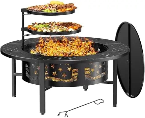 42" Outdoor Fire Pit with 2 Grills - Wood Burning Firt for Outside with Cover & Poker, Heavy Duty Metal Fire Pit Large