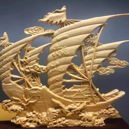 Boxwood Carved "Smooth Sailing" Boat Sculpture Auspicious Blessing for Home Office Decor
